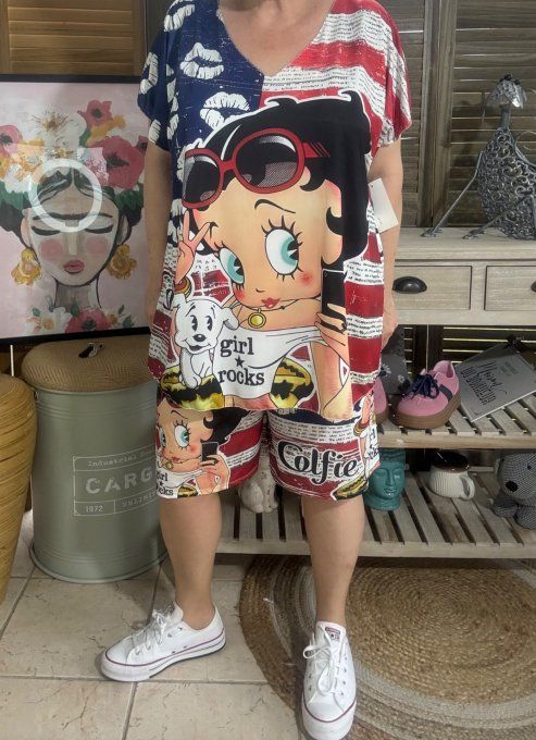 Ensemble short + top Betty Boop Pin Up rétro US Flag du 38 au 50/52 