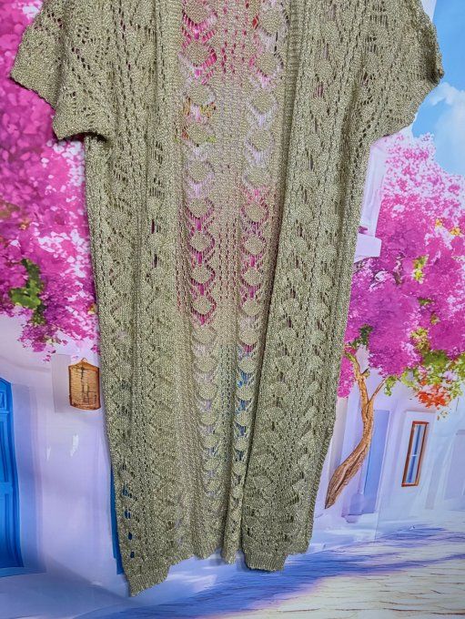 Gilet long maille ajourée Crochet Bohème chic beige Lurex doré or du 38 au 48/50 