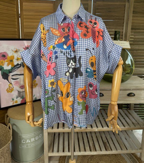 Chemise ample vichy bleu & blanc Hippie Soul Chats Abeille Fleurs du 38 au 50 