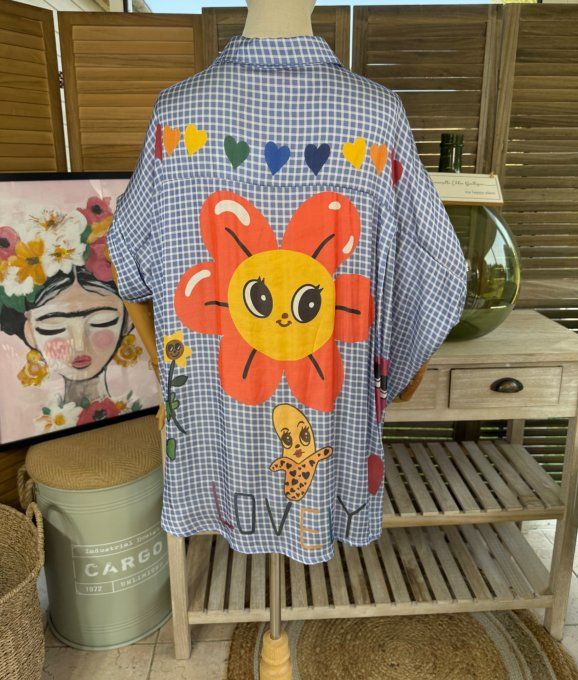 Chemise ample vichy bleu & blanc Hippie Soul Chats Abeille Fleurs du 38 au 50 