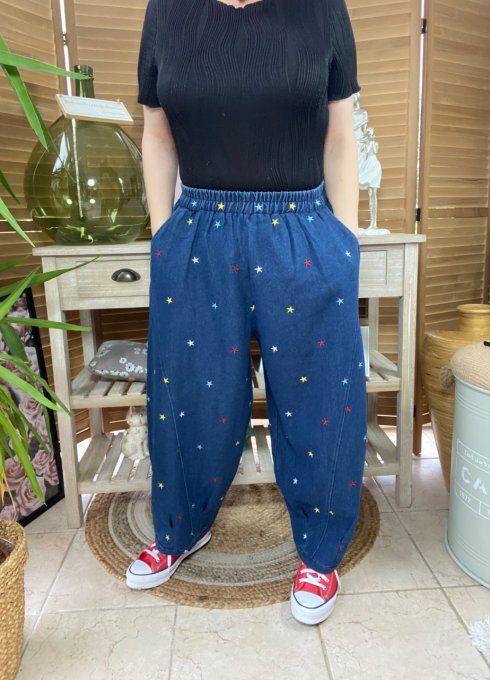 Pantalon Tenko Wide Leg jeans bleu stone foncé étoiles multicolores brodées du 40 au 46/48 
