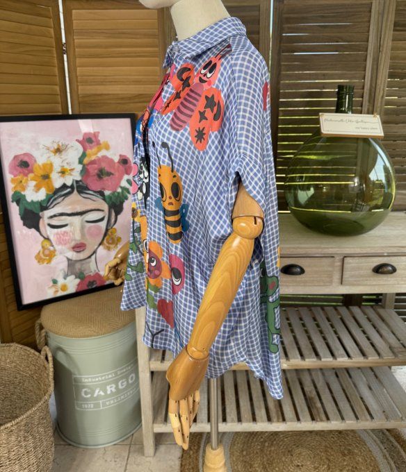 Chemise ample vichy bleu & blanc Hippie Soul Chats Abeille Fleurs du 38 au 50 