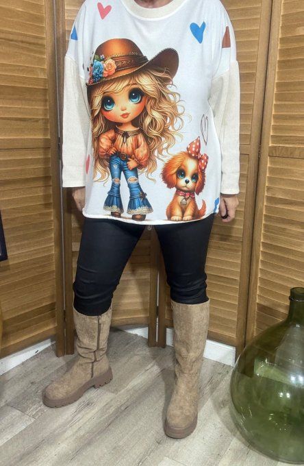 Sweat satiné et velours crème The Country Little Girl & her dog du 40 au 50