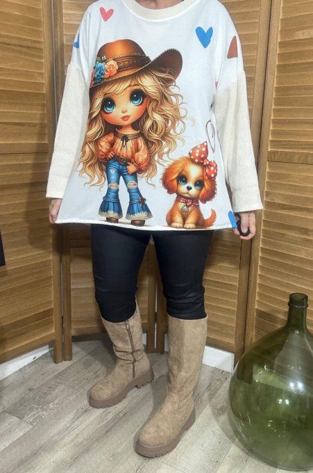 Sweat satiné et velours crème The Country Little Girl & her dog du 40 au 50