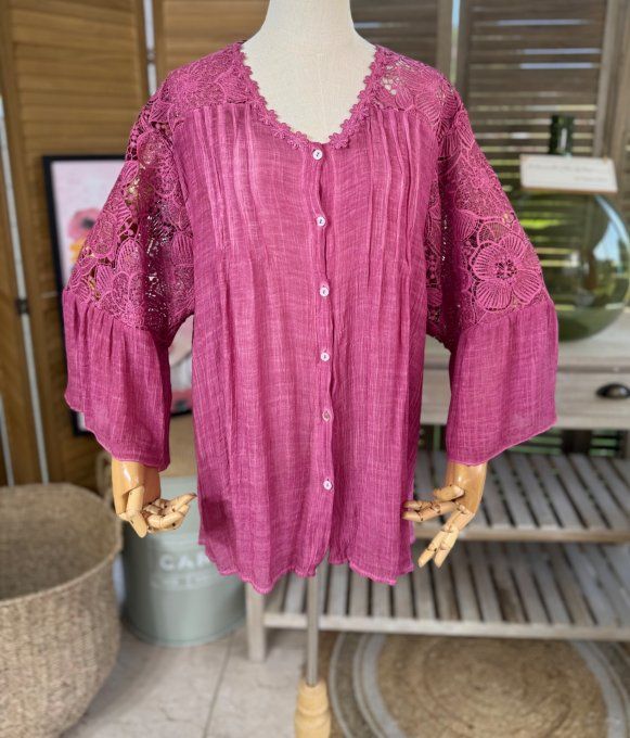 Blouse Bougainvilliers manches pagodes broderie anglaise & fleurs crochetées du 38 au 48/50 