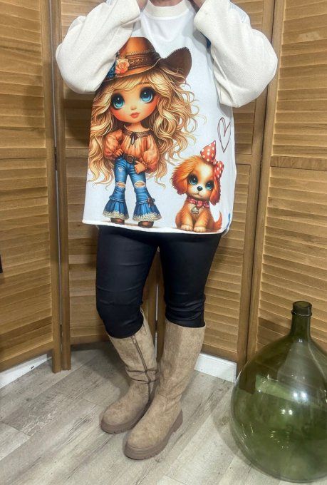 Sweat satiné et velours crème The Country Little Girl & her dog du 40 au 50