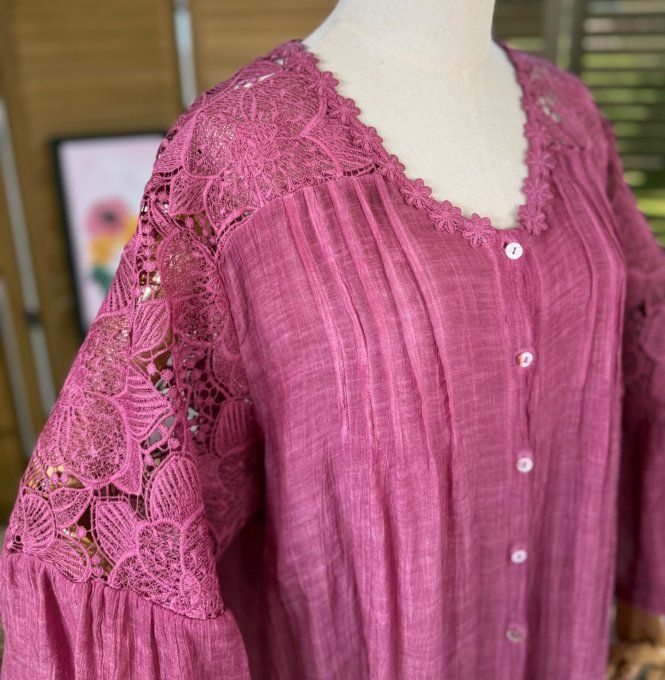 Blouse Bougainvilliers manches pagodes broderie anglaise & fleurs crochetées du 38 au 48/50 
