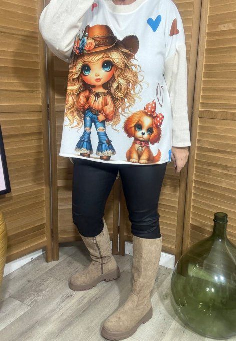 Sweat satiné et velours crème The Country Little Girl & her dog du 40 au 50