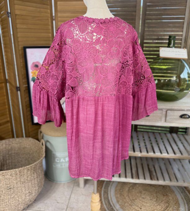 Blouse Bougainvilliers manches pagodes broderie anglaise & fleurs crochetées du 38 au 48/50 