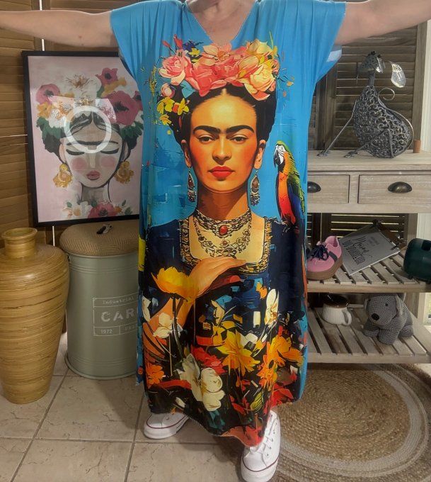 Robe longue bleue Frida Kahlo au Perroquet Tropical du 40 au 50