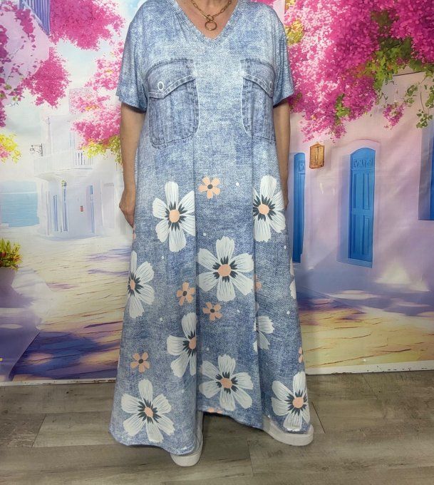 Robe trapèze longue effet jeans stone clair délavé Marguerites blanches & roses du 42 au 54/56 