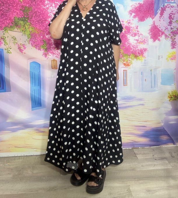 Robe trapèze longue noire  pois blancs Flamenco Vibes douceur ++++ du 40 au 50/52