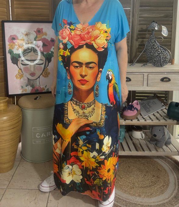 Robe longue bleue Frida Kahlo au Perroquet Tropical du 40 au 50
