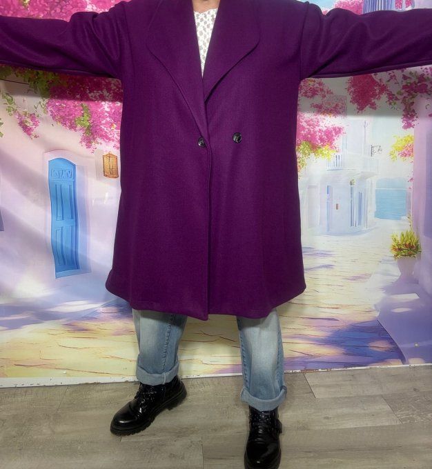 Manteau mi-long oversize Aubergine réglable 2 boutons douceur +++ du 40 au 50/52 et même + 