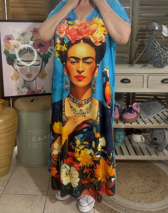 Robe longue bleue Frida Kahlo au Perroquet Tropical du 40 au 50
