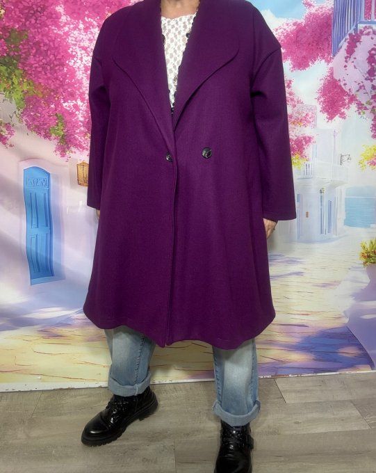 Manteau mi-long oversize Aubergine réglable 2 boutons douceur +++ du 40 au 50/52 et même + 
