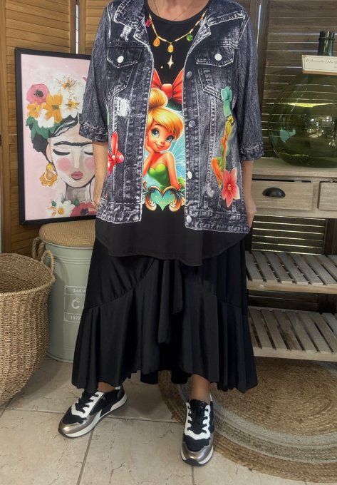 Top trapèze effet veste en jeans grisé brut La Fée Clochette du 40 au 52/54 