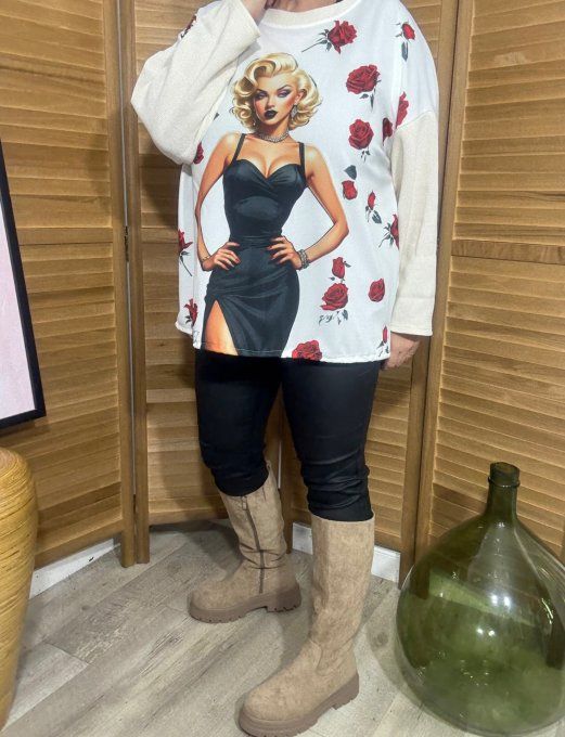 Sweat satiné et velours crème Marylin Monroe Red Hearts du 40 au 50 