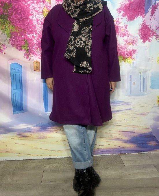 Manteau mi-long oversize Aubergine réglable 2 boutons douceur +++ du 40 au 50/52 et même + 
