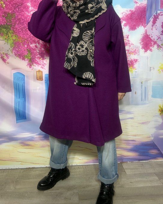 Manteau mi-long oversize Aubergine réglable 2 boutons douceur +++ du 40 au 50/52 et même + 
