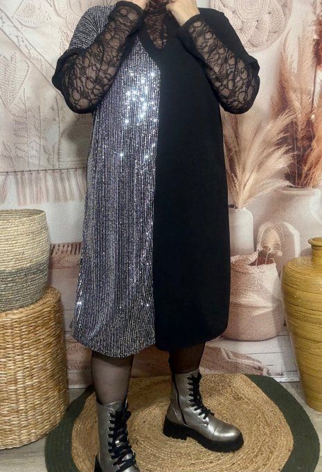 Robe ample noire  et sequins argentés manches courtes  du 40 au 48/50