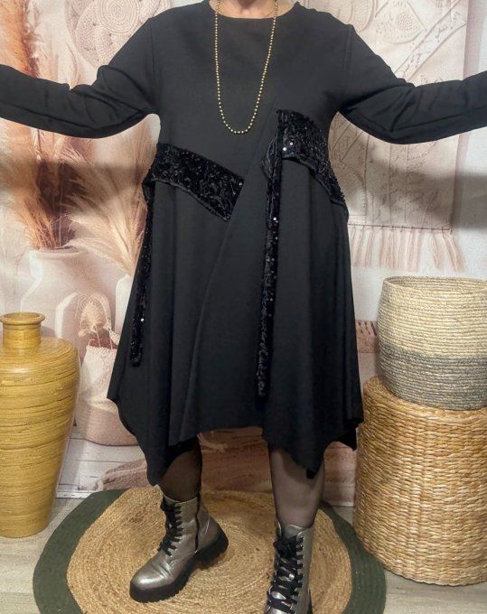 Robe patineuse asymétrique noire sequins brillants noirs du 36 au 46 