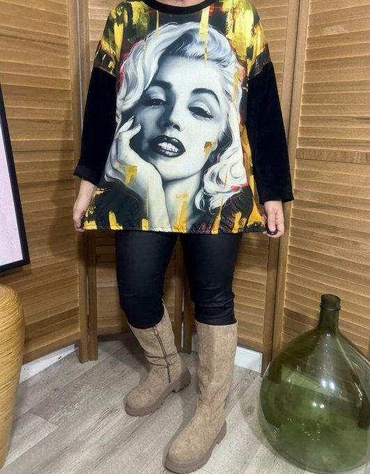 Sweat satiné et velours noir Marylin Monroe Rétro Pin Up du 40 au 50  