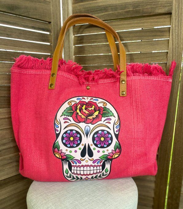 Grand Sac cabas Fuschia anses cuir Mexican Skull multicolore