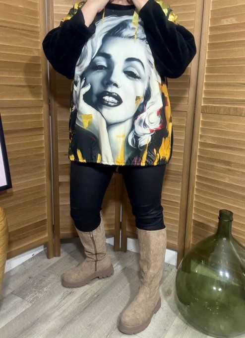 Sweat satiné et velours noir Marylin Monroe Rétro Pin Up du 40 au 50  