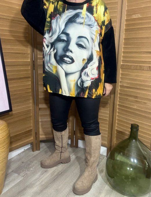 Sweat satiné et velours noir Marylin Monroe Rétro Pin Up du 40 au 50  