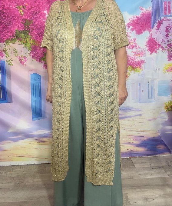 Gilet long maille ajourée Crochet Bohème chic beige Lurex doré or du 38 au 48/50 