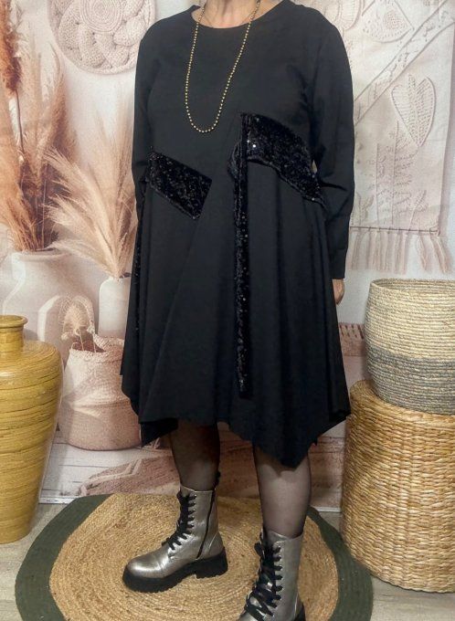 Robe patineuse asymétrique noire sequins brillants noirs du 36 au 46 