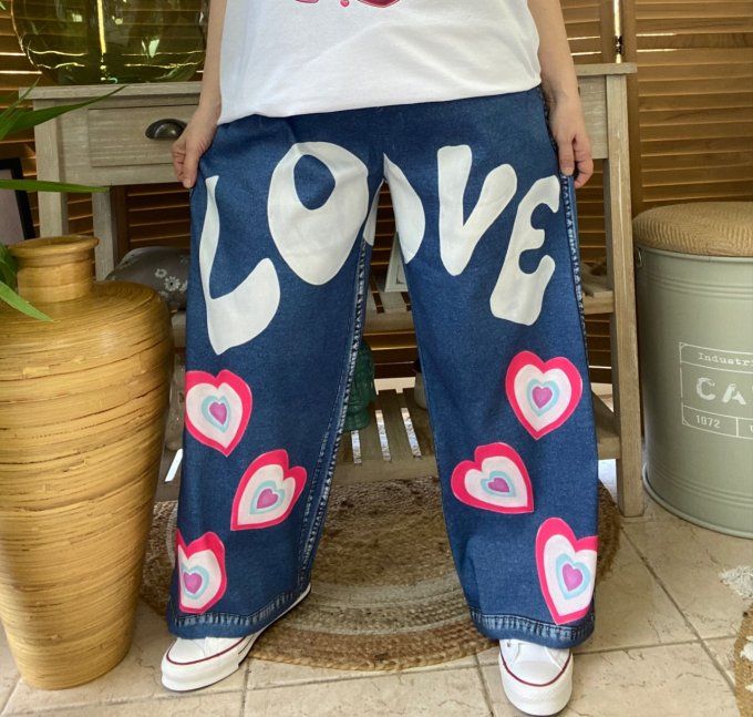 pantalon façon Palazzo effet jeans brut Love coeurs confort +++ du 42 au 52/54