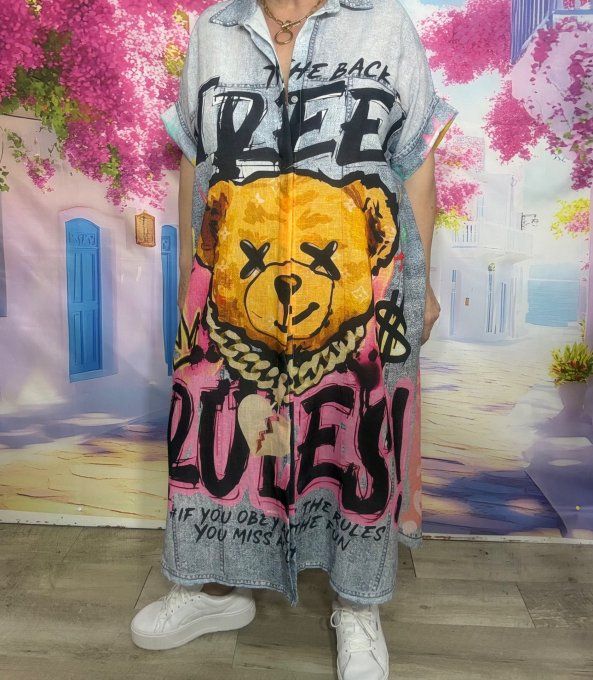 Robe longue oversize lin manches courtes effet jeans Teddy Bear du 42 au 52