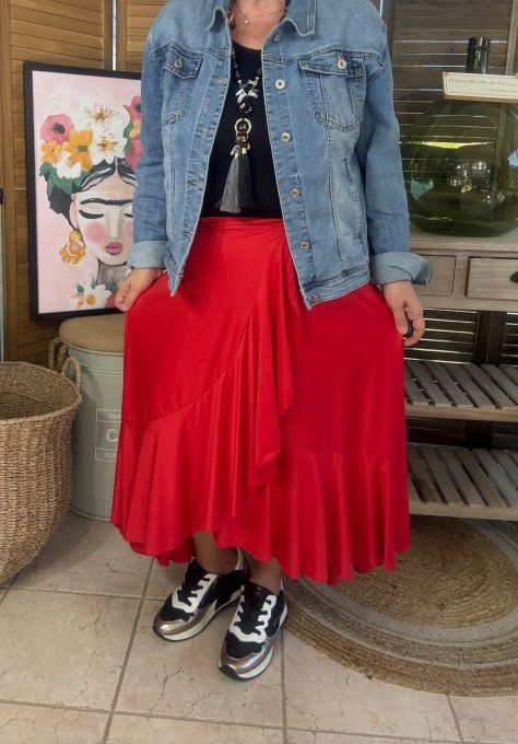 Jupe porte-feuille volantée ample taille réglable rouge stretch ++++ du 38 au 48/50
