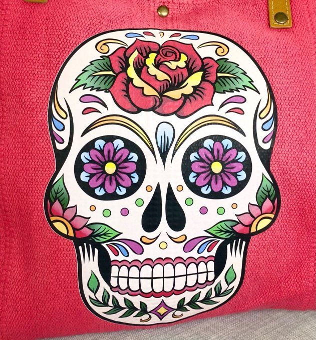 Grand Sac cabas Fuschia anses cuir Mexican Skull multicolore