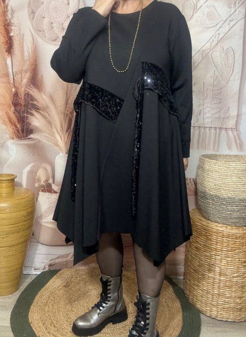 Robe patineuse asymétrique noire sequins brillants noirs du 36 au 46 