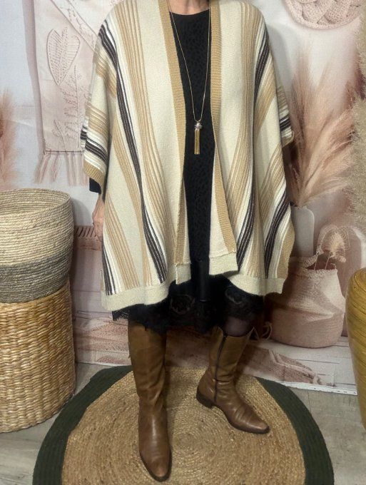 Poncho-veste oversize SANS LAINE rayé beige camel choco lurex doré TOUTES TAILLES 