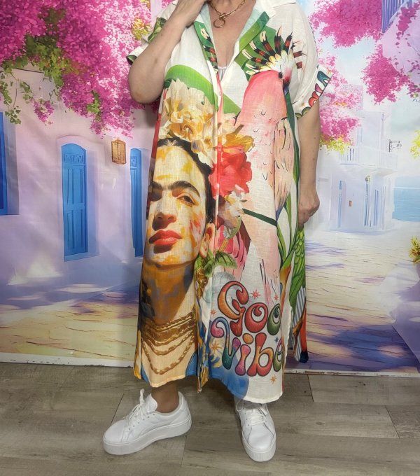 Robe longue oversize lin manches courtes crème rayée Frida Kahlo Perroquets Tropicaux du 42 au 52  