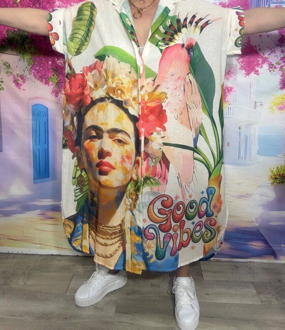 Robe longue oversize lin manches courtes crème rayée Frida Kahlo Perroquets Tropicaux du 42 au 52  