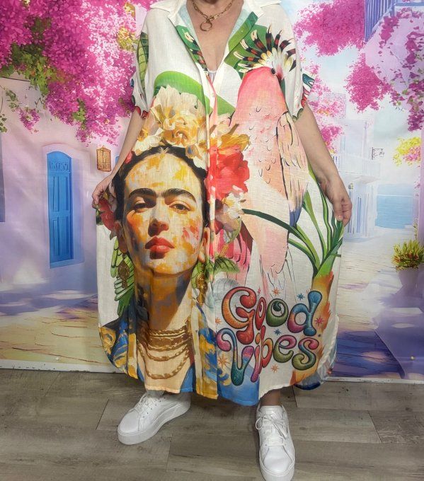 Robe longue oversize lin manches courtes crème rayée Frida Kahlo Perroquets Tropicaux du 42 au 52  