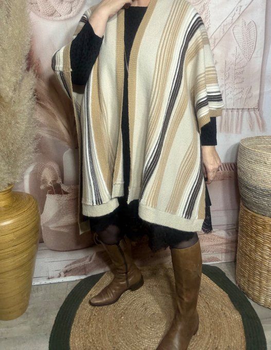 Poncho-veste oversize SANS LAINE rayé beige camel choco lurex doré TOUTES TAILLES