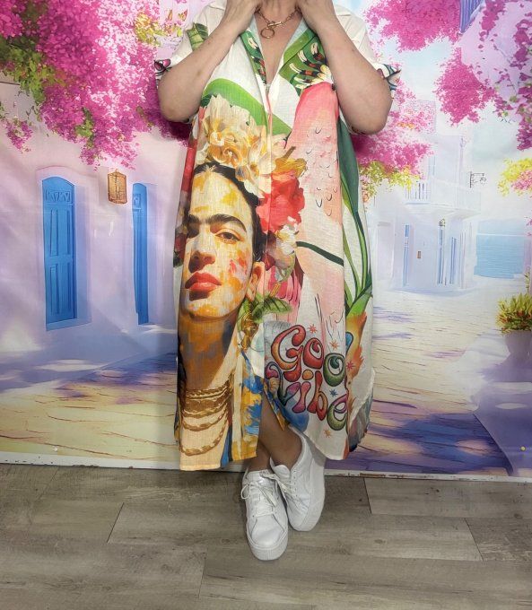 Robe longue oversize lin manches courtes crème rayée Frida Kahlo Perroquets Tropicaux du 42 au 52  