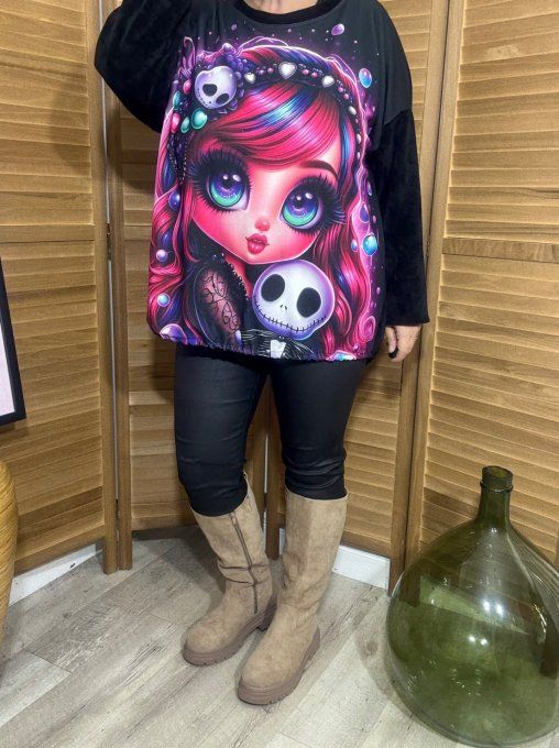 Sweat satiné et velours noir The Little Gothic Pink Girl du 40 au 50 
