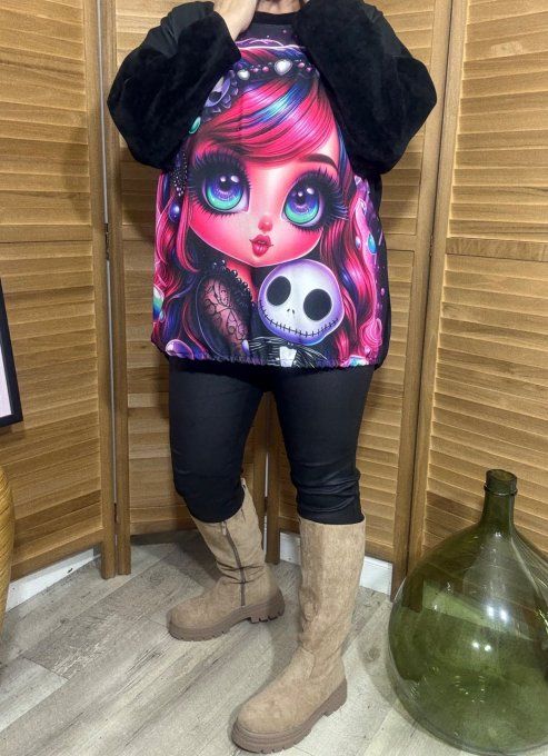 Sweat satiné et velours noir The Little Gothic Pink Girl du 40 au 50 