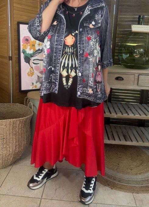 Top trapèze effet veste en jeans grisé brut La Fillette Gorjuss du 40 au 52/54