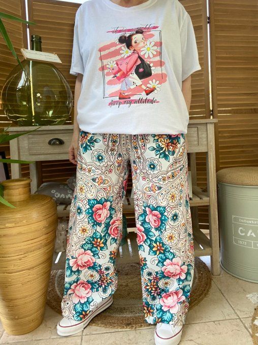 pantalon façon Palazzo crème Fleurs Liberty printanières confort +++ du 42 au 52/54