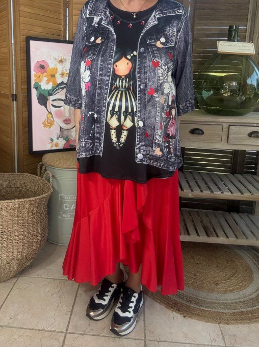 Top trapèze effet veste en jeans grisé brut La Fillette Gorjuss du 40 au 52/54