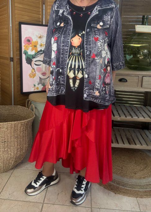Top trapèze effet veste en jeans grisé brut La Fillette Gorjuss du 40 au 52/54