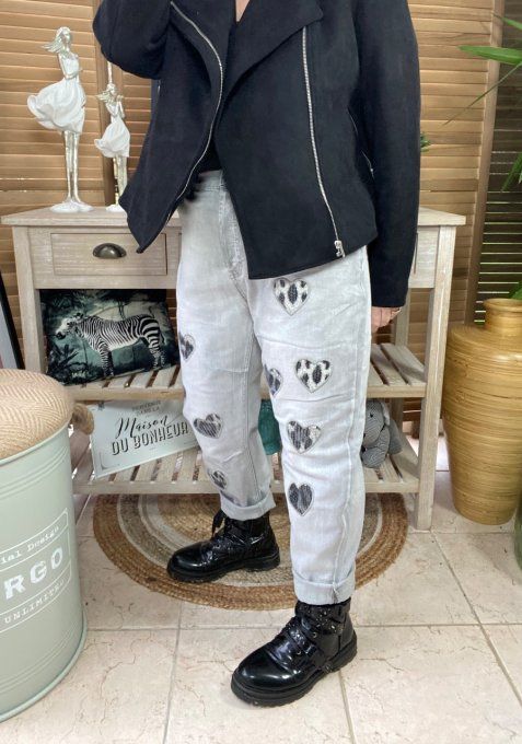 Jeans gris délavé coeurs  taille haute stretch du 40 au 46